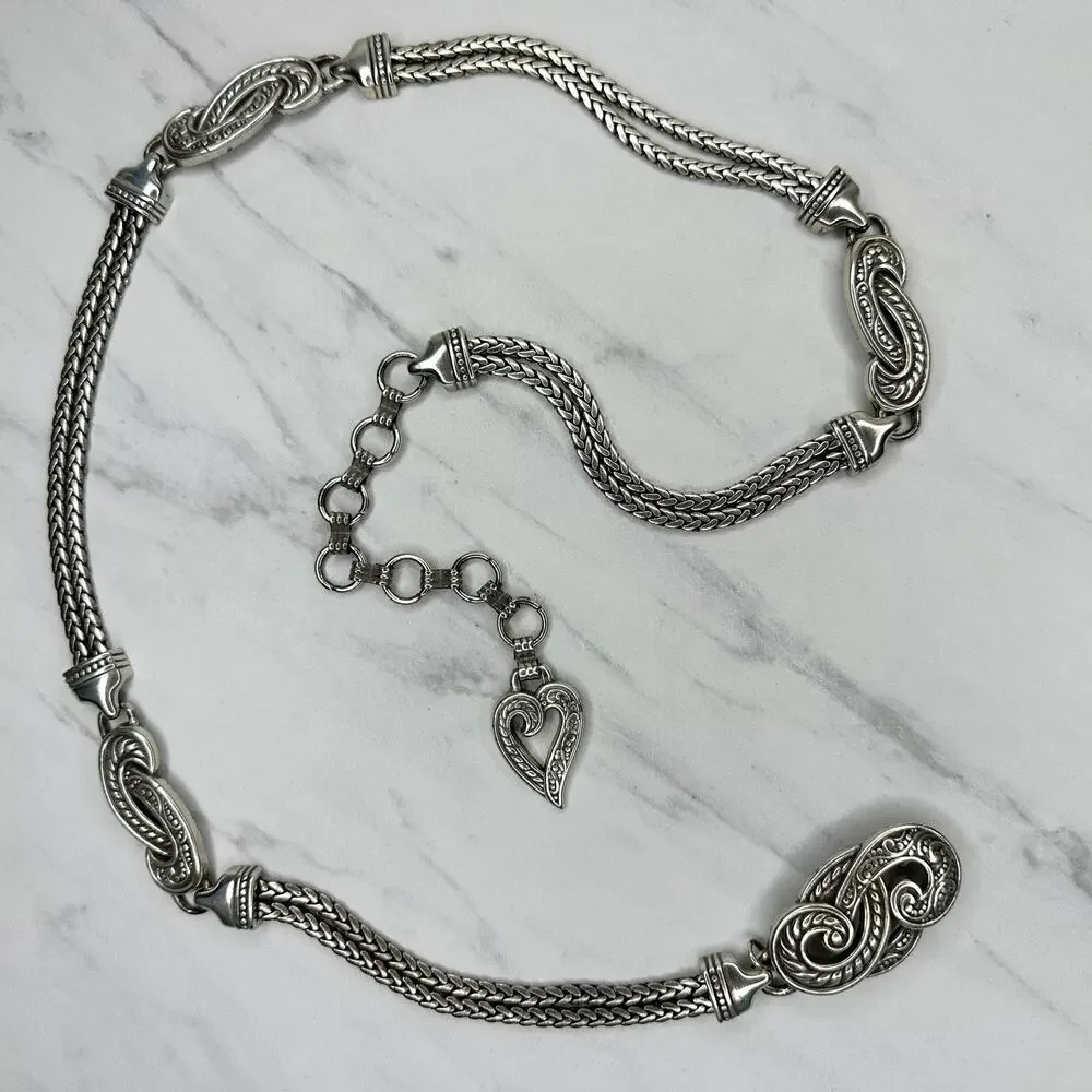 Brighton Silver Tone Braided Chain Belt Heart Charm Medium (M) ✨